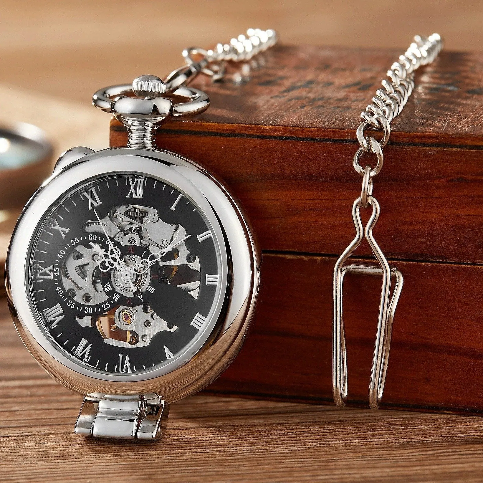 Olaf Orkina Mechanical Skeleton Pocket Watch Silver