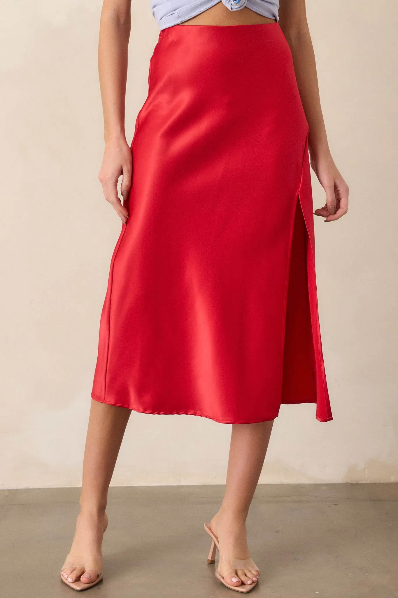 Park Avenue Glam Red Satin Midi Skirt