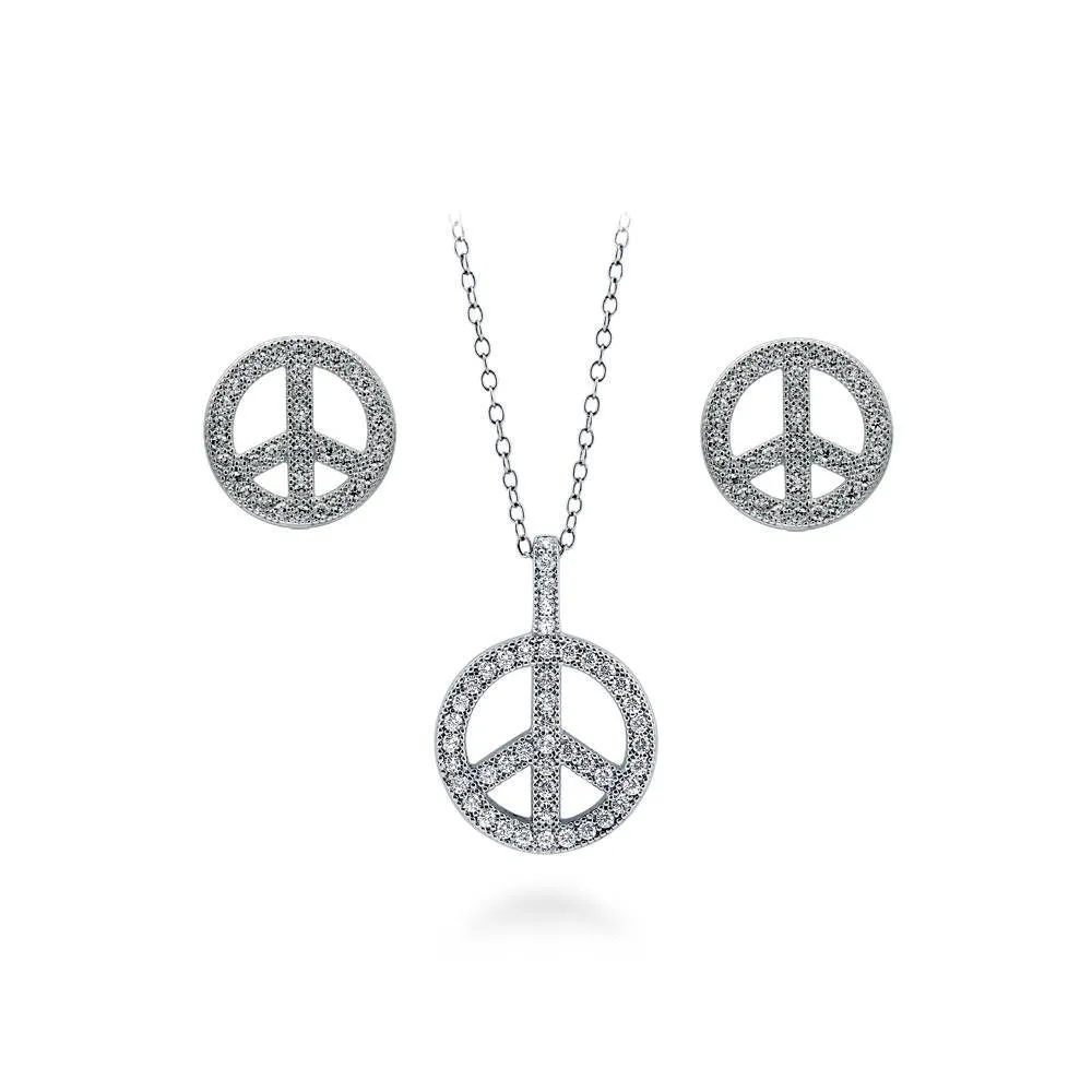 Peace Sign CZ Necklace and Earrings in Sterling Silver