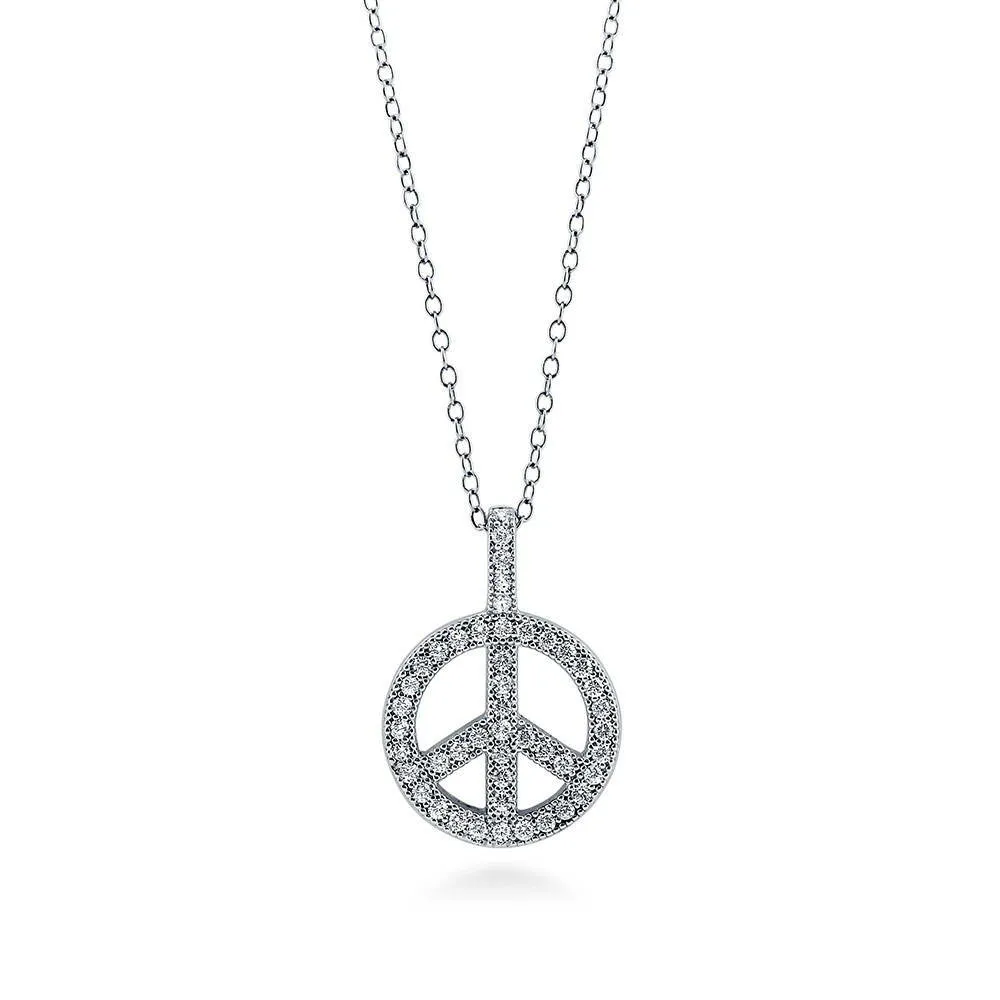 Peace Sign CZ Necklace and Earrings in Sterling Silver