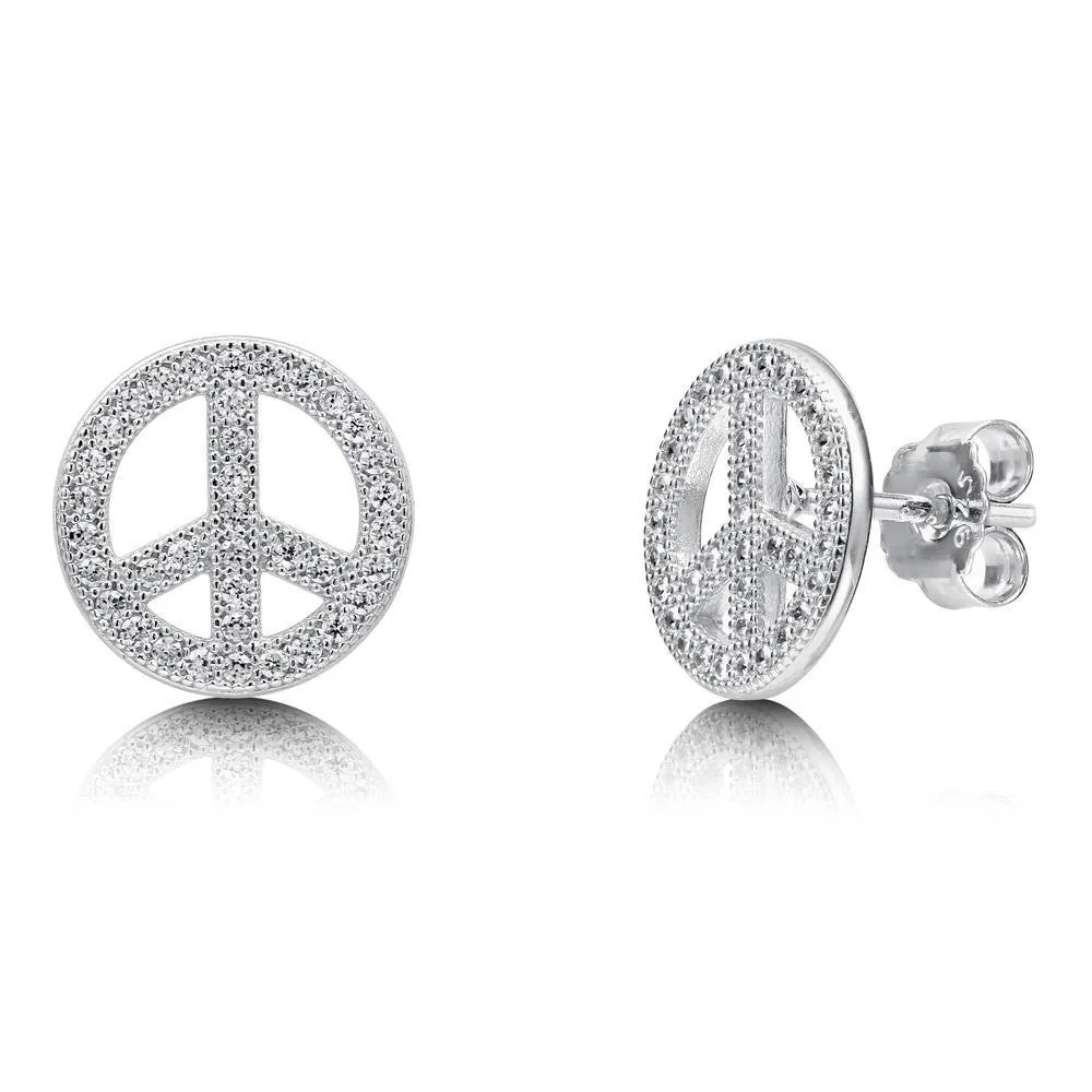 Peace Sign CZ Necklace and Earrings in Sterling Silver