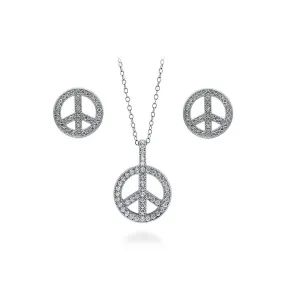 Peace Sign CZ Necklace and Earrings in Sterling Silver