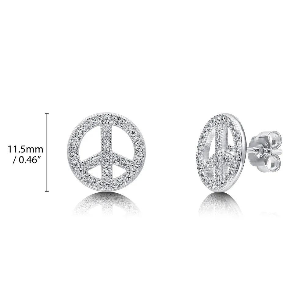 Peace Sign CZ Necklace and Earrings in Sterling Silver