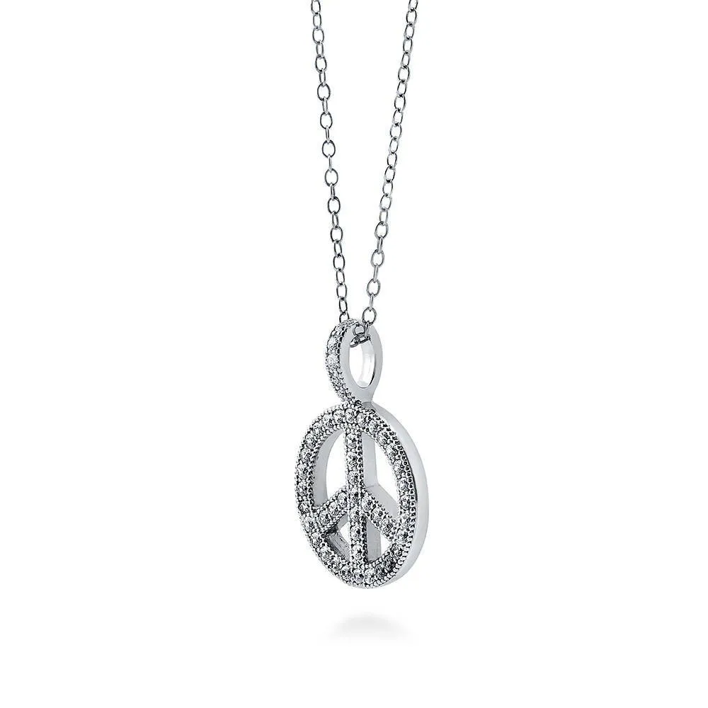 Peace Sign CZ Necklace and Earrings in Sterling Silver