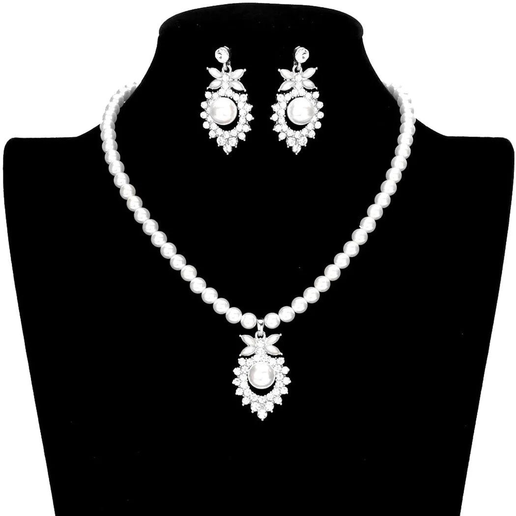 Pearl Centered Rhinestone Embellished Metal Jewelry Set