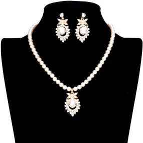 Pearl Centered Rhinestone Embellished Metal Jewelry Set