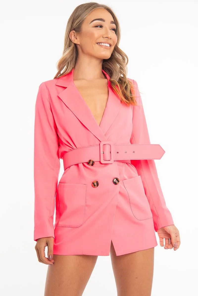 Pink Double Breasted Button Front Belted Blazer - Huda