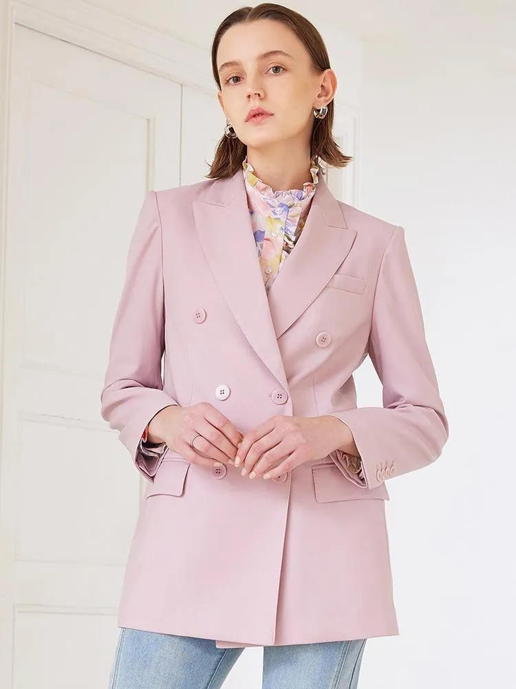 Pink Double-Breasted Worsted Woolen Blazer