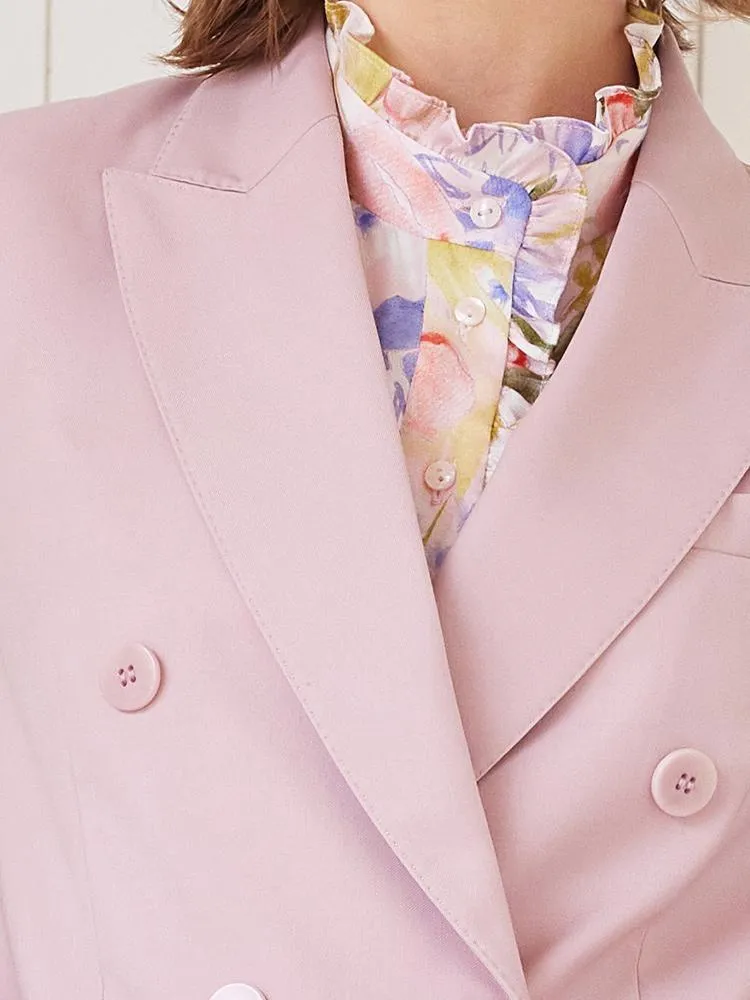 Pink Double-Breasted Worsted Woolen Blazer