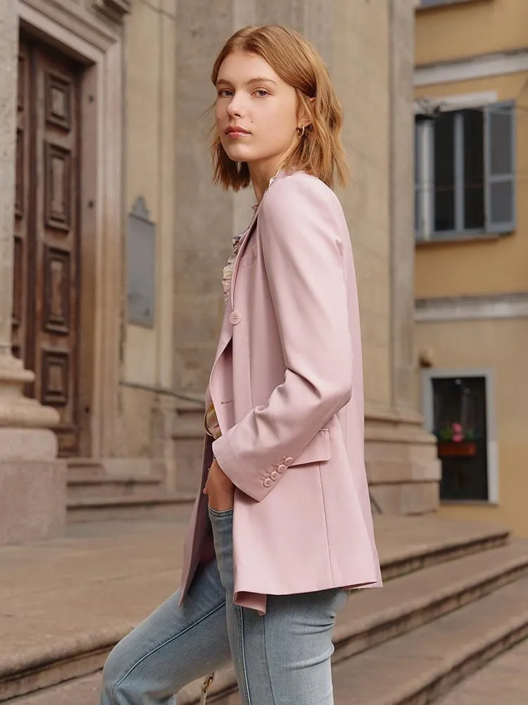 Pink Double-Breasted Worsted Woolen Blazer