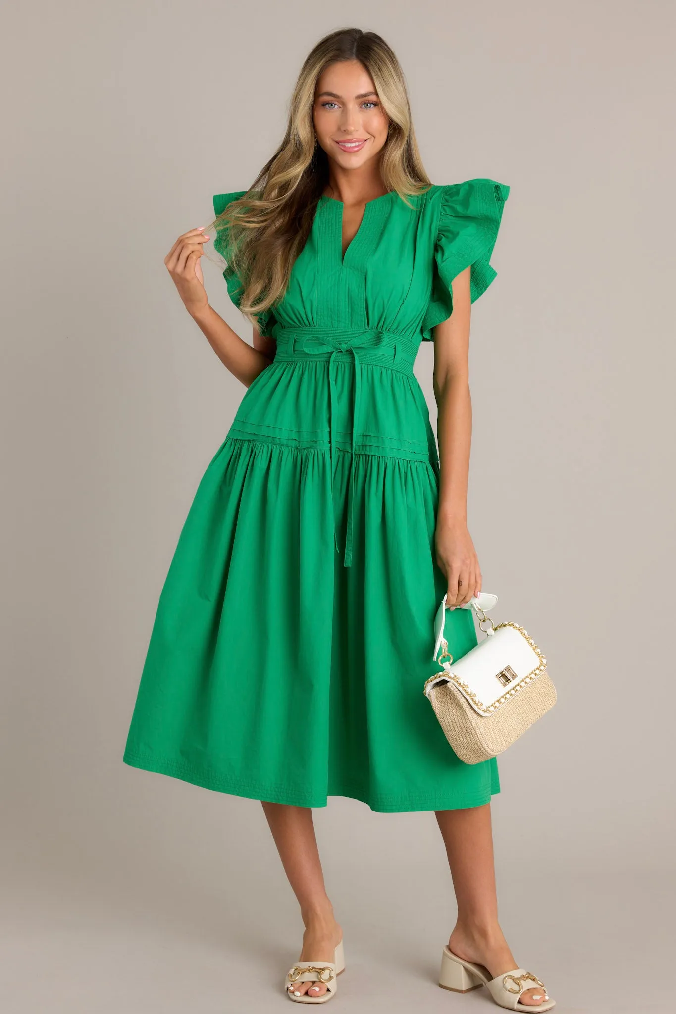 Pure Enchantment Kelly Green 100% Cotton Midi Dress