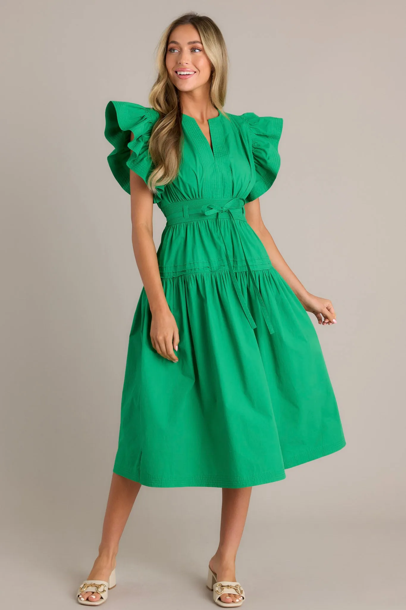 Pure Enchantment Kelly Green 100% Cotton Midi Dress