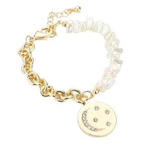 Rhinestone Embellished Moon Star Disc Charm Pearl Bracelet