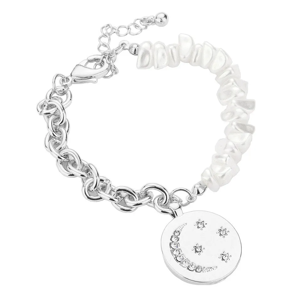 Rhinestone Embellished Moon Star Disc Charm Pearl Bracelet