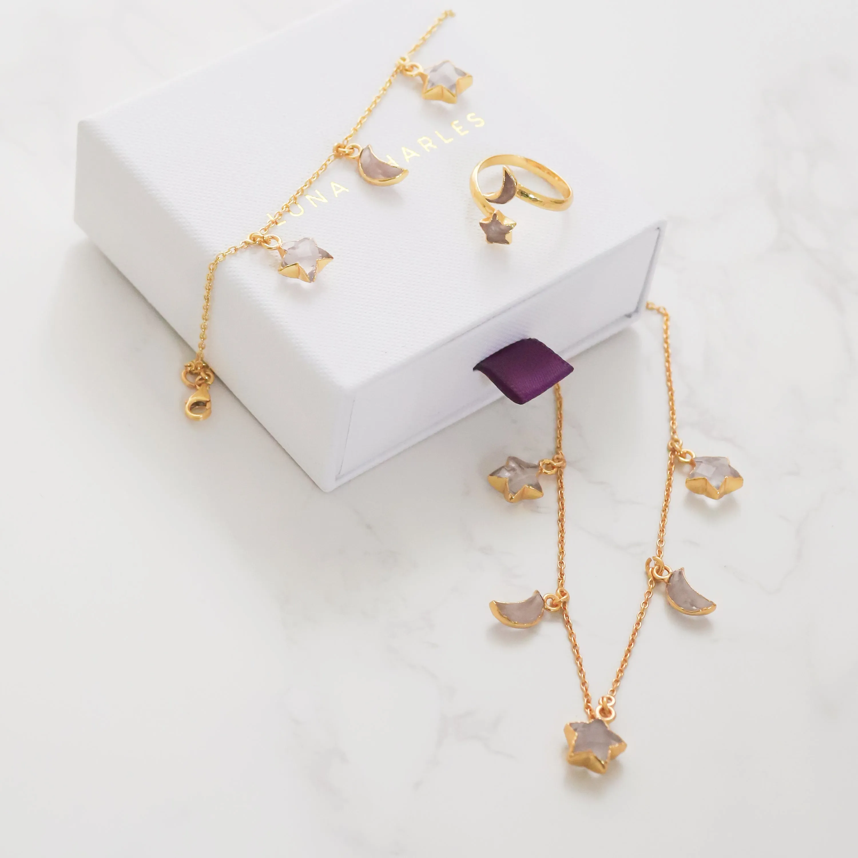 Rose Quartz Star & Moon Gift Set | 18K Gold Plated