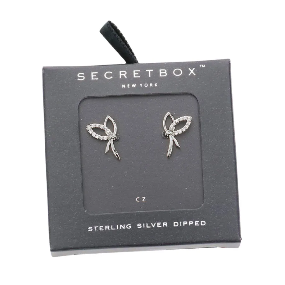 Secret Box Sterling Silver Dipped CZ Metal Bow Stud Earrings