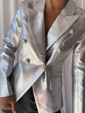 Silver Double-breasted Leather Blazer