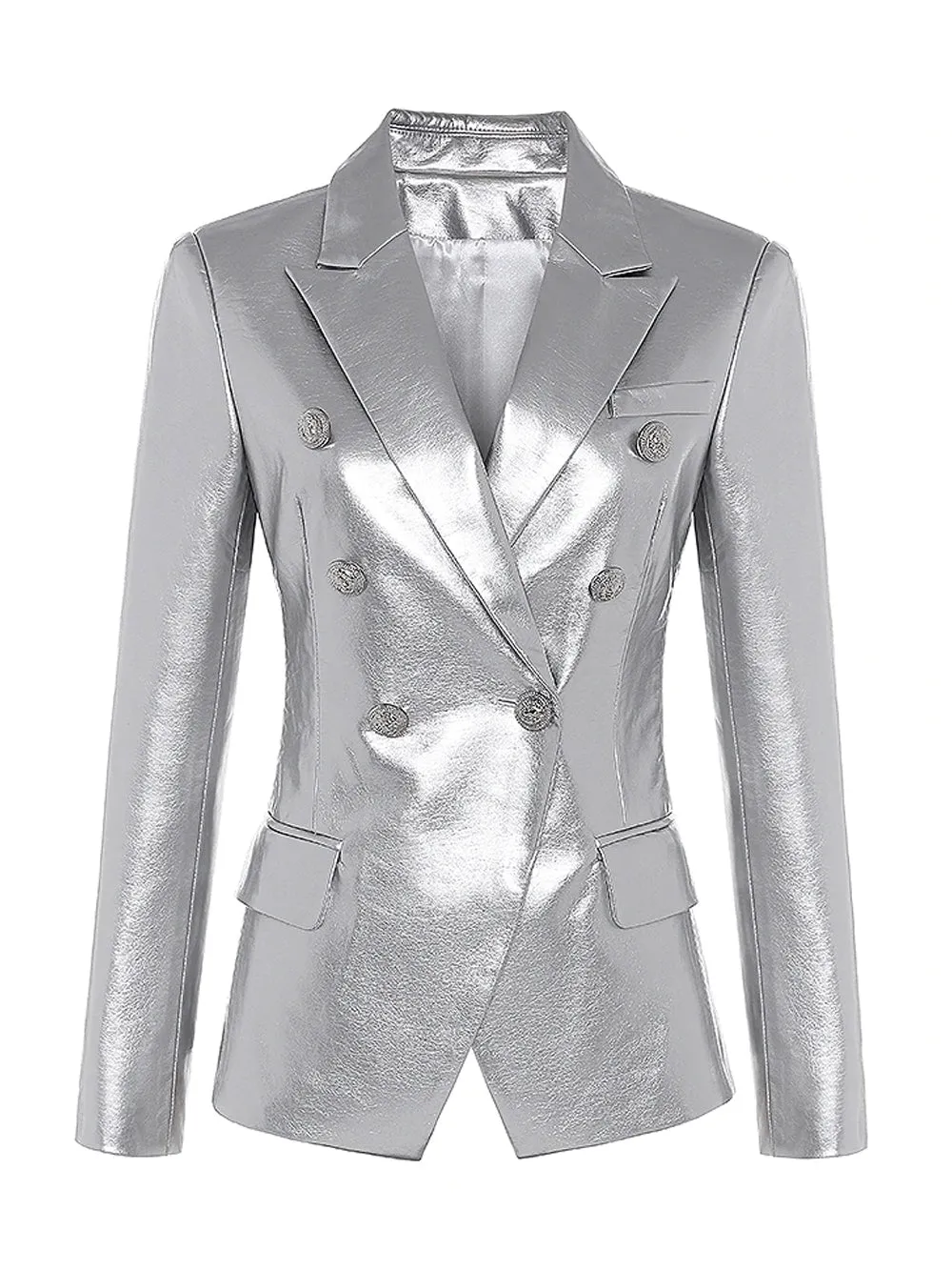 Silver Double-breasted Leather Blazer