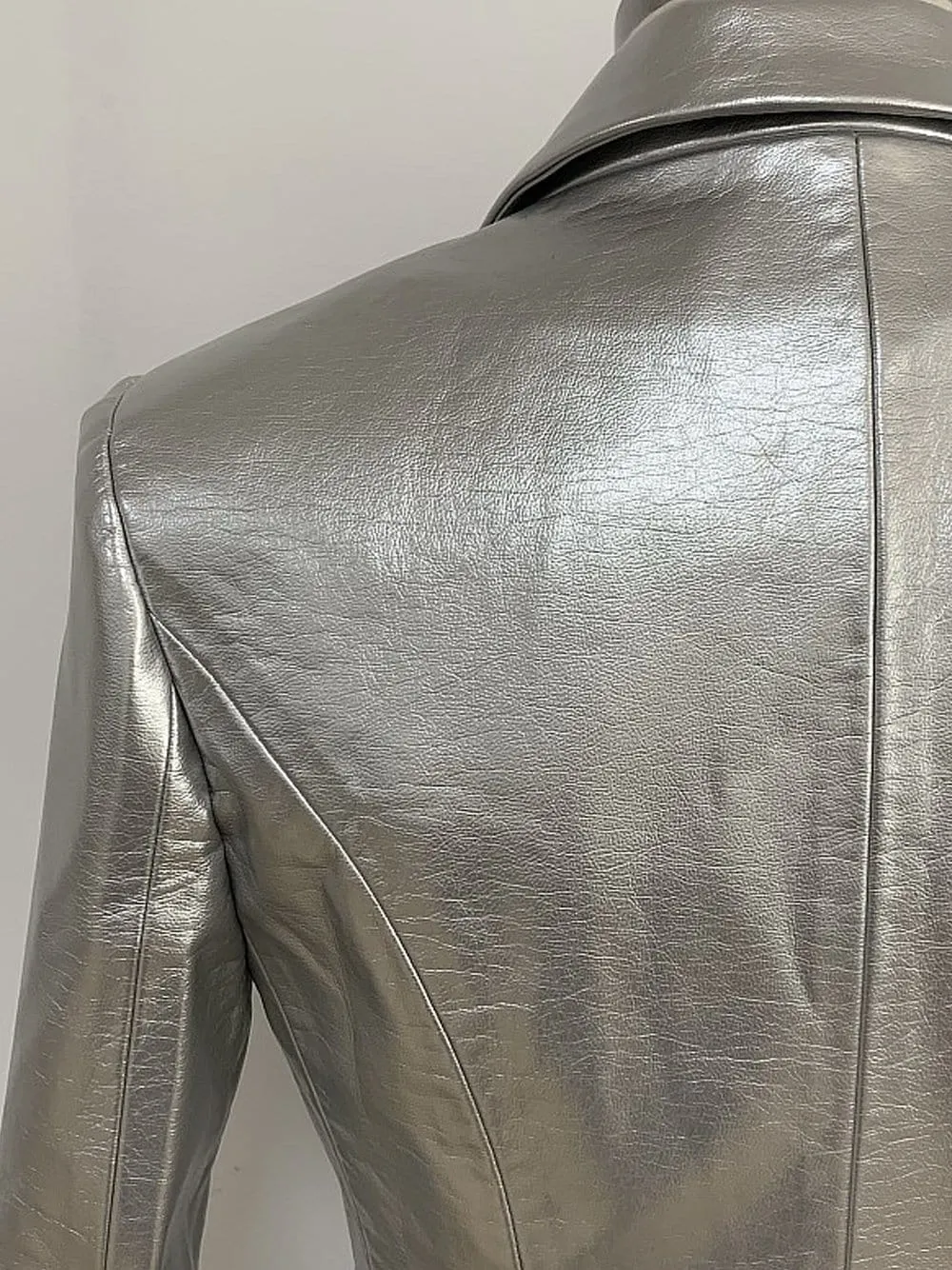 Silver Double-breasted Leather Blazer