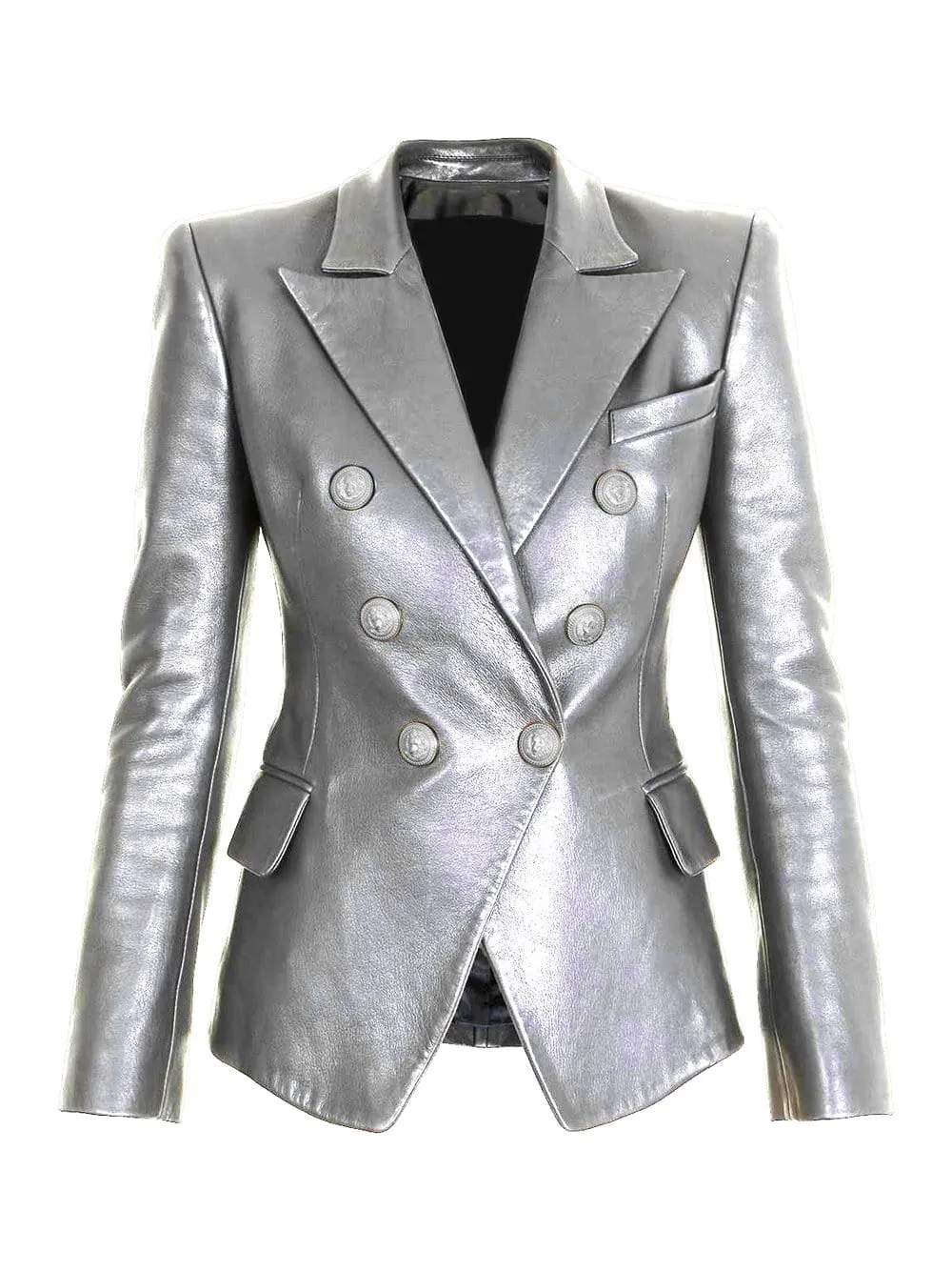 Silver Double-breasted Leather Blazer