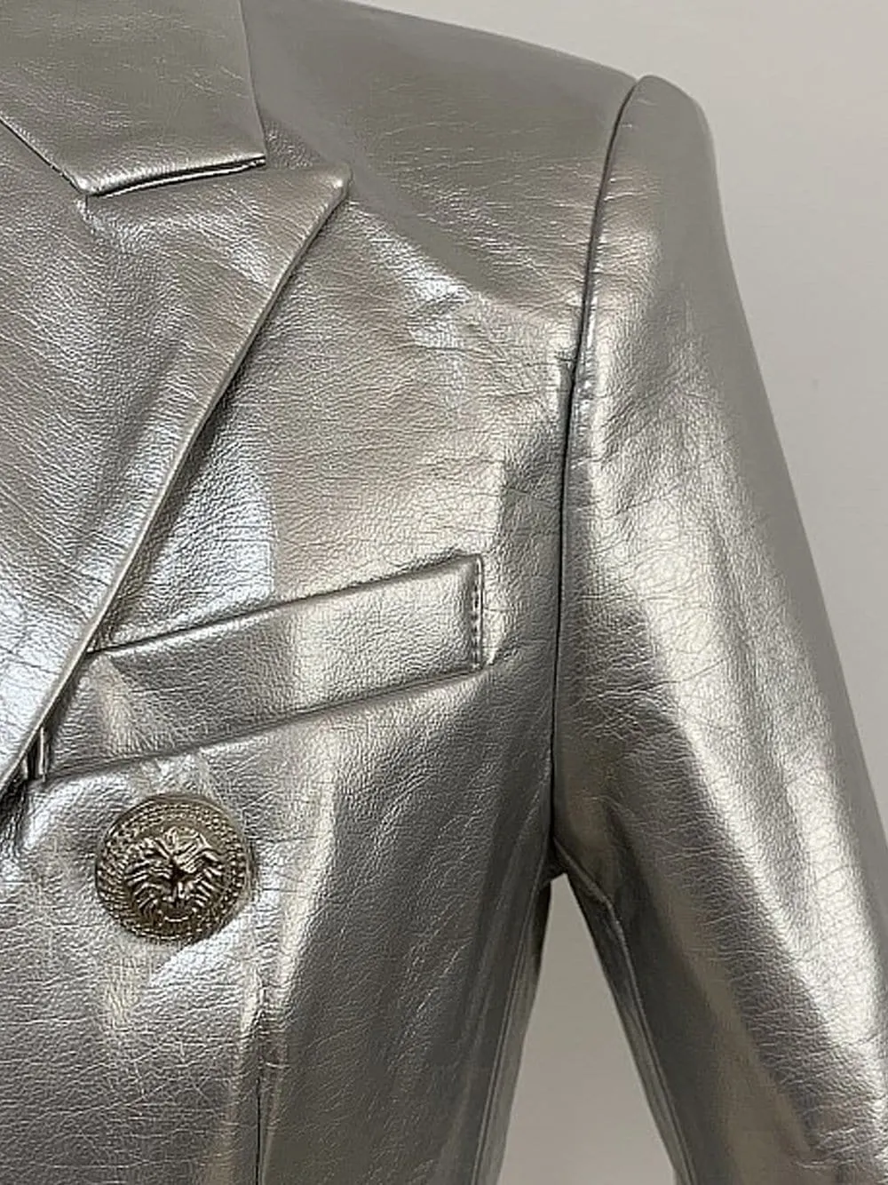 Silver Double-breasted Leather Blazer