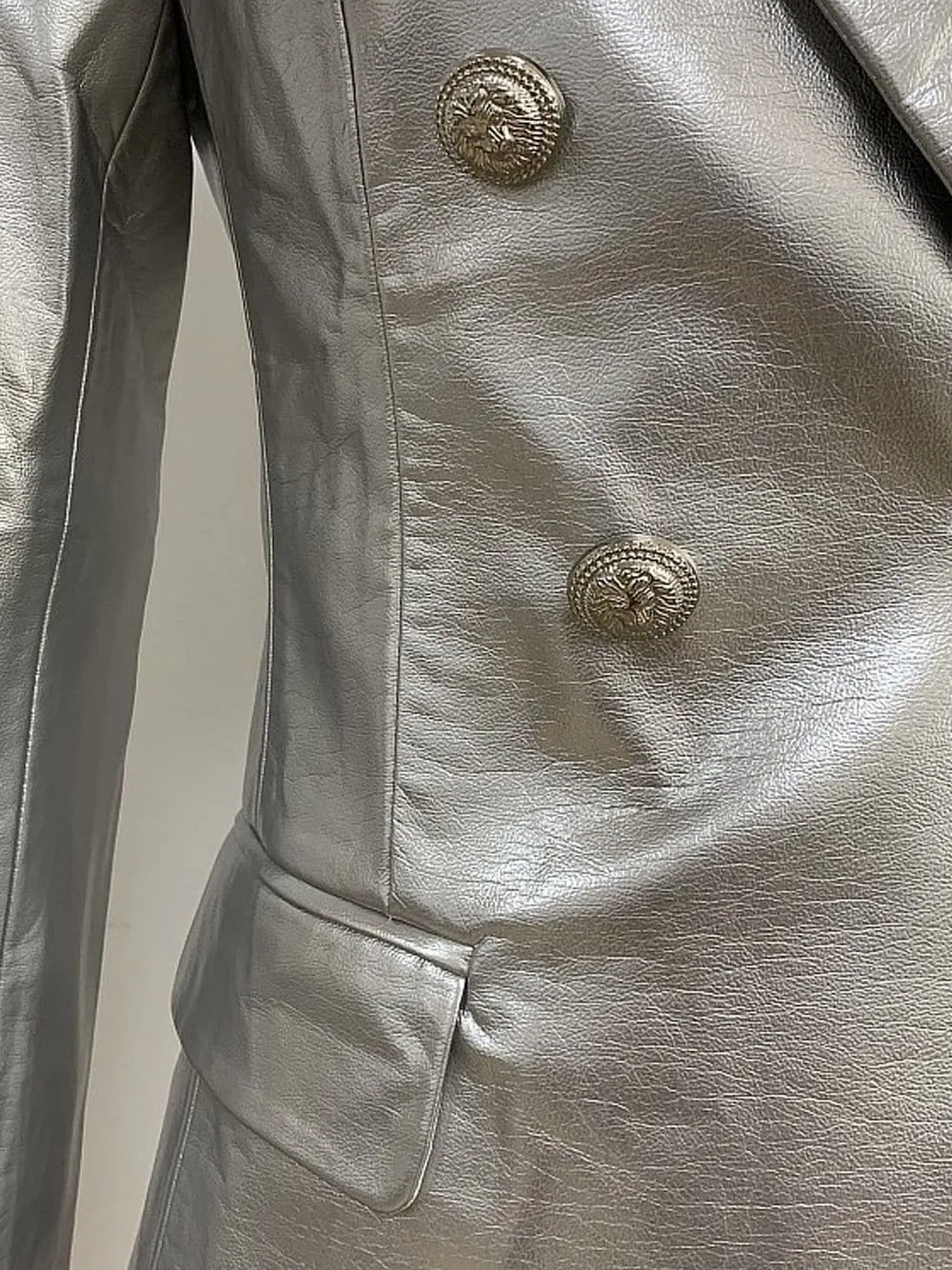 Silver Double-breasted Leather Blazer