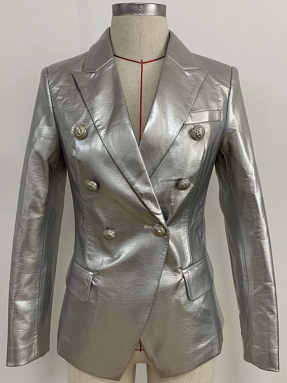 Silver Double-breasted Leather Blazer