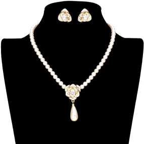 Stone Embellished Metal Flower Pearl Necklace Earring Set