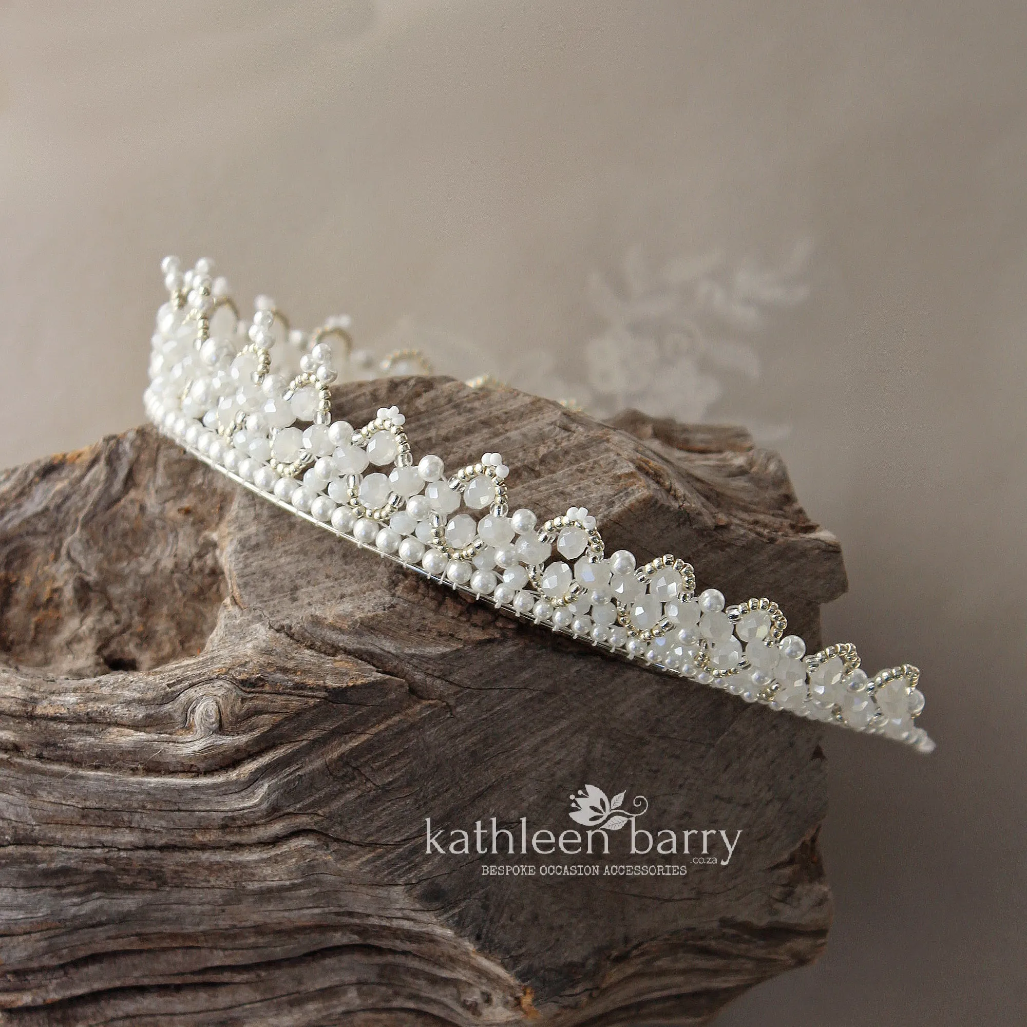 Tessa white beaded crown tiara style - custom colors available