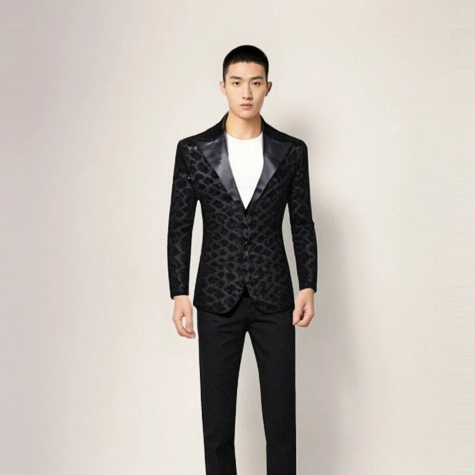 The Damond Sequin Slim Fit Blazer Suit Jacket - Jet Black