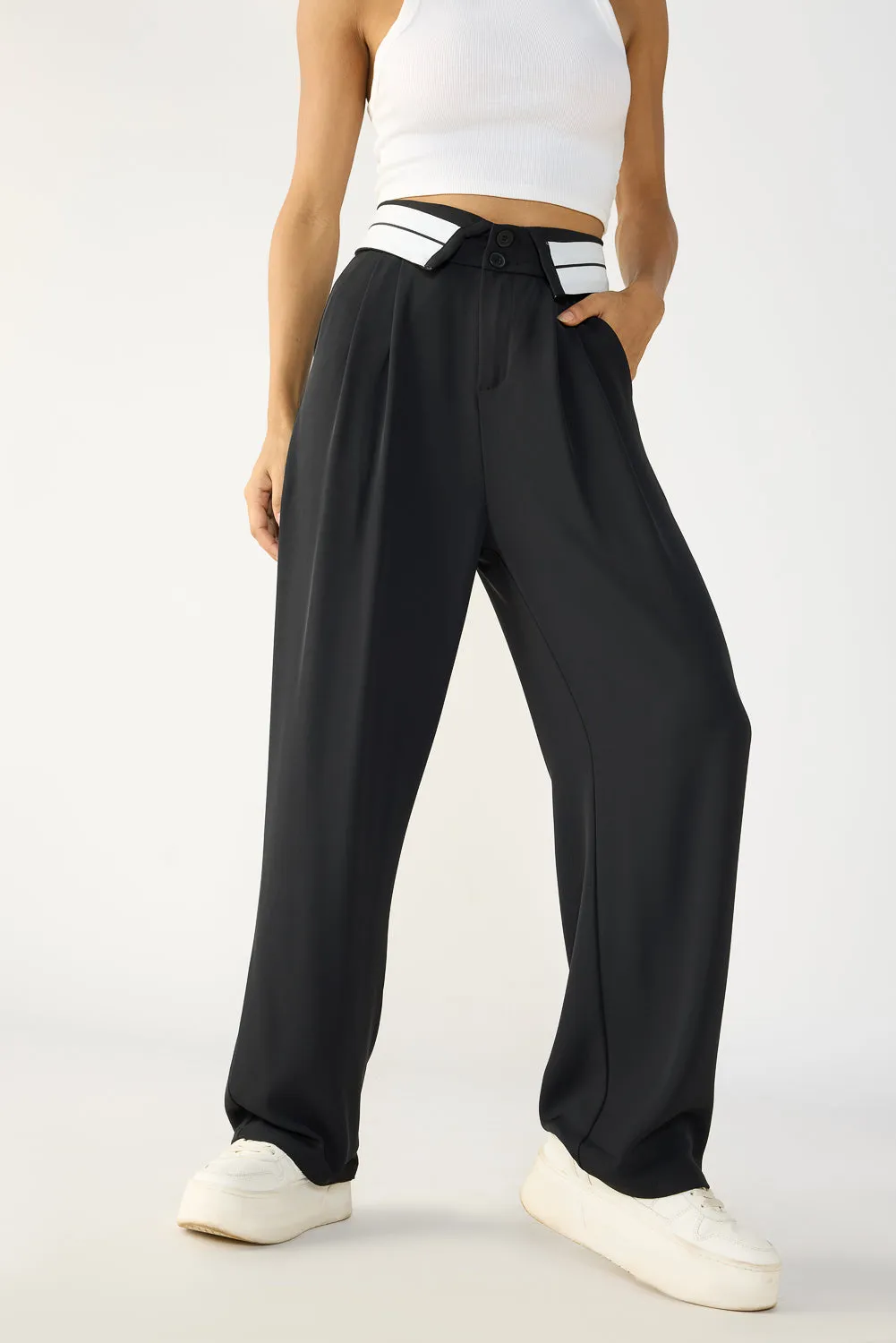 Turnover Waistband Black Korean Pants