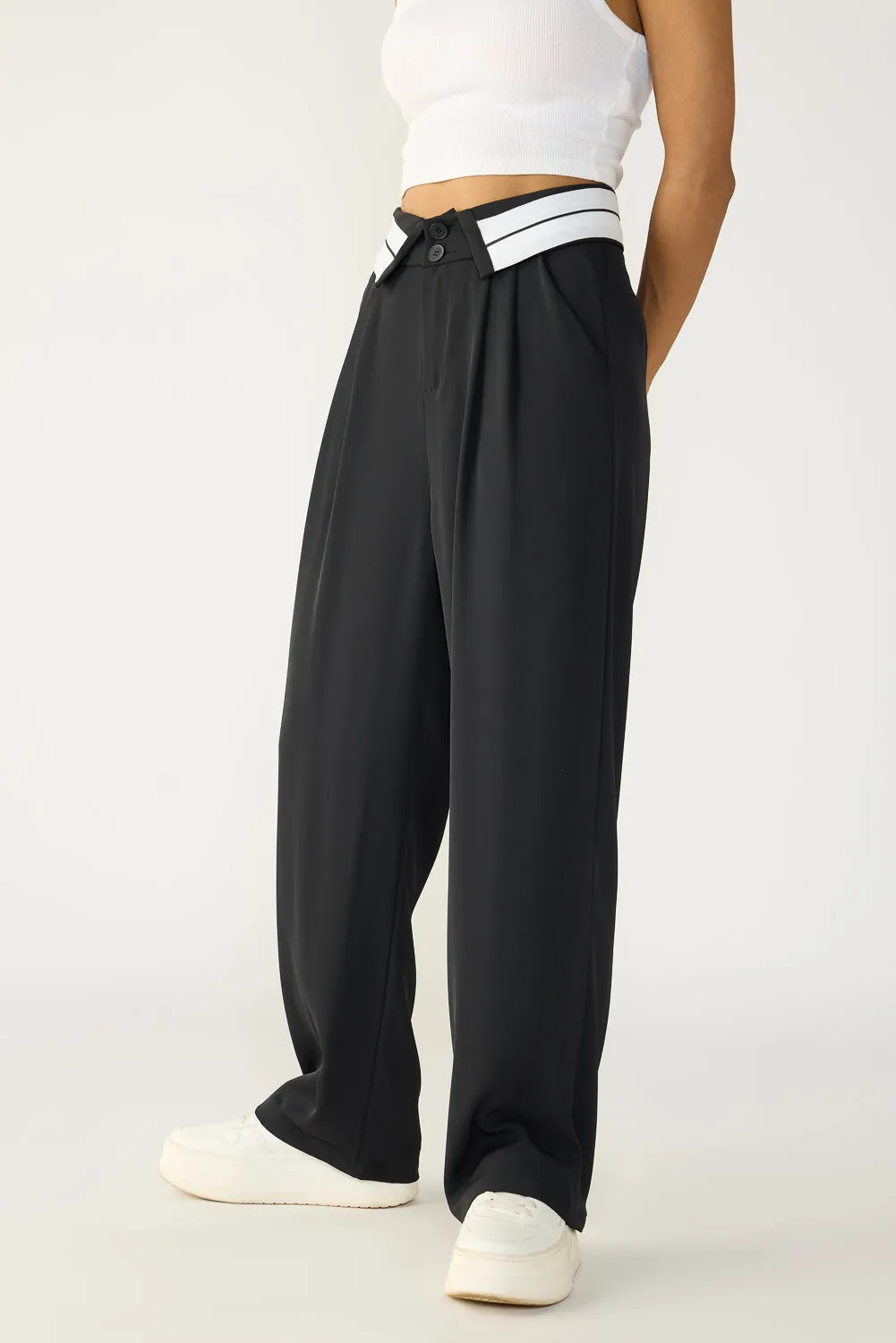 Turnover Waistband Black Korean Pants