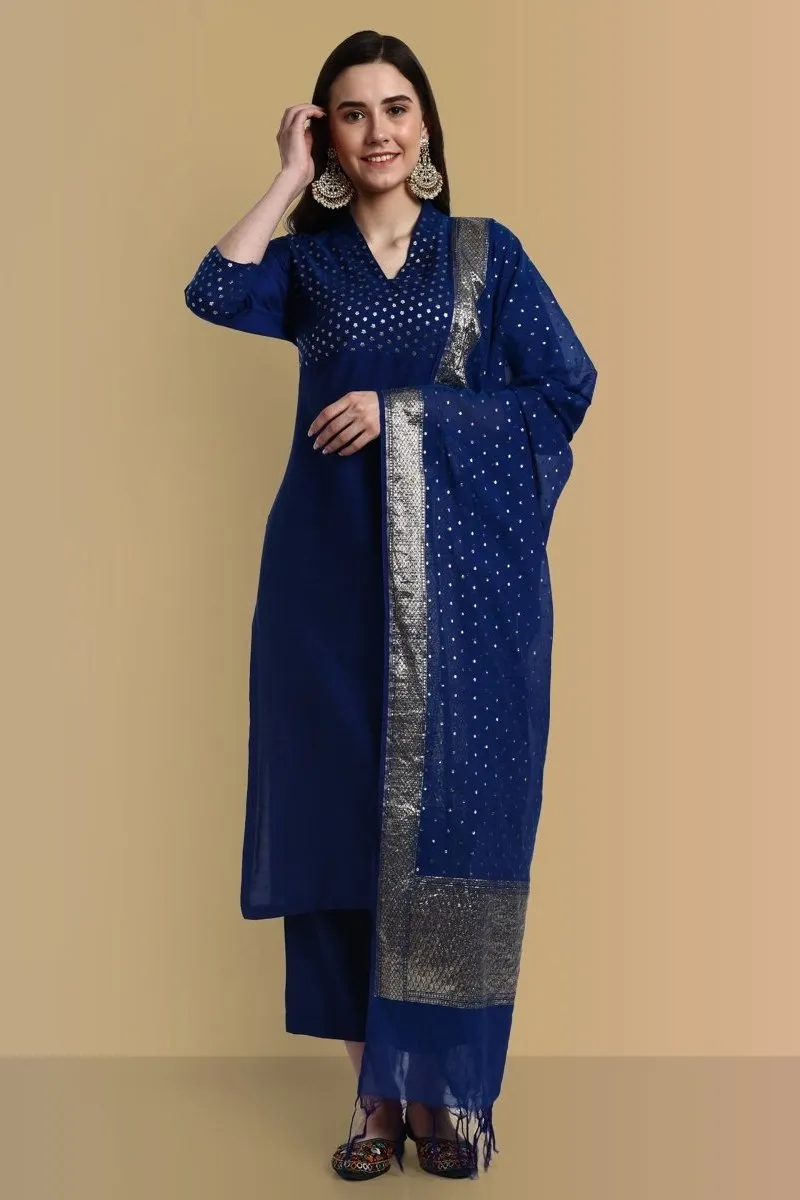 V-Neck Ink Blue Cotton Silk and Chanderi Kurta & Pant - Set of 3