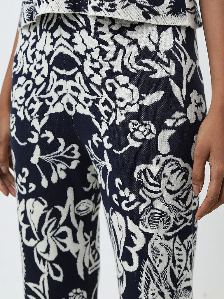 Wardrobe Indigo Floral Design High-Rise Trousers