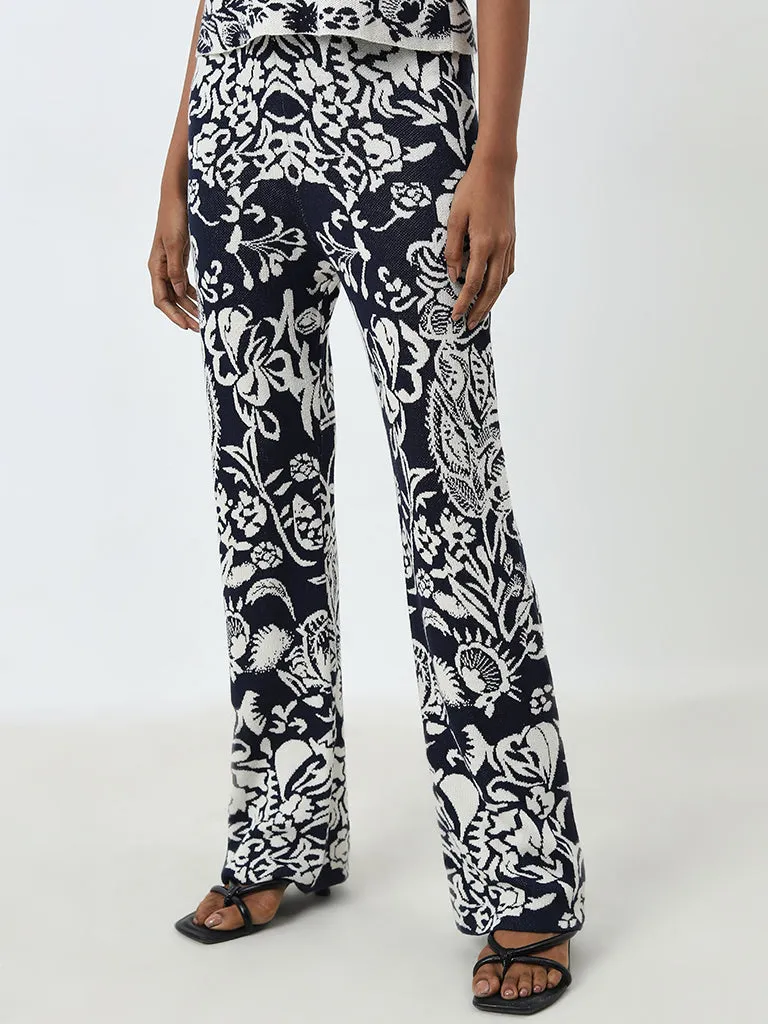 Wardrobe Indigo Floral Design High-Rise Trousers