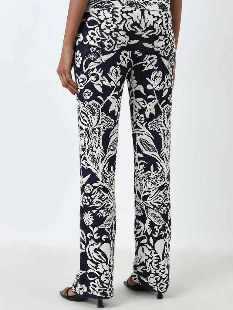 Wardrobe Indigo Floral Design High-Rise Trousers