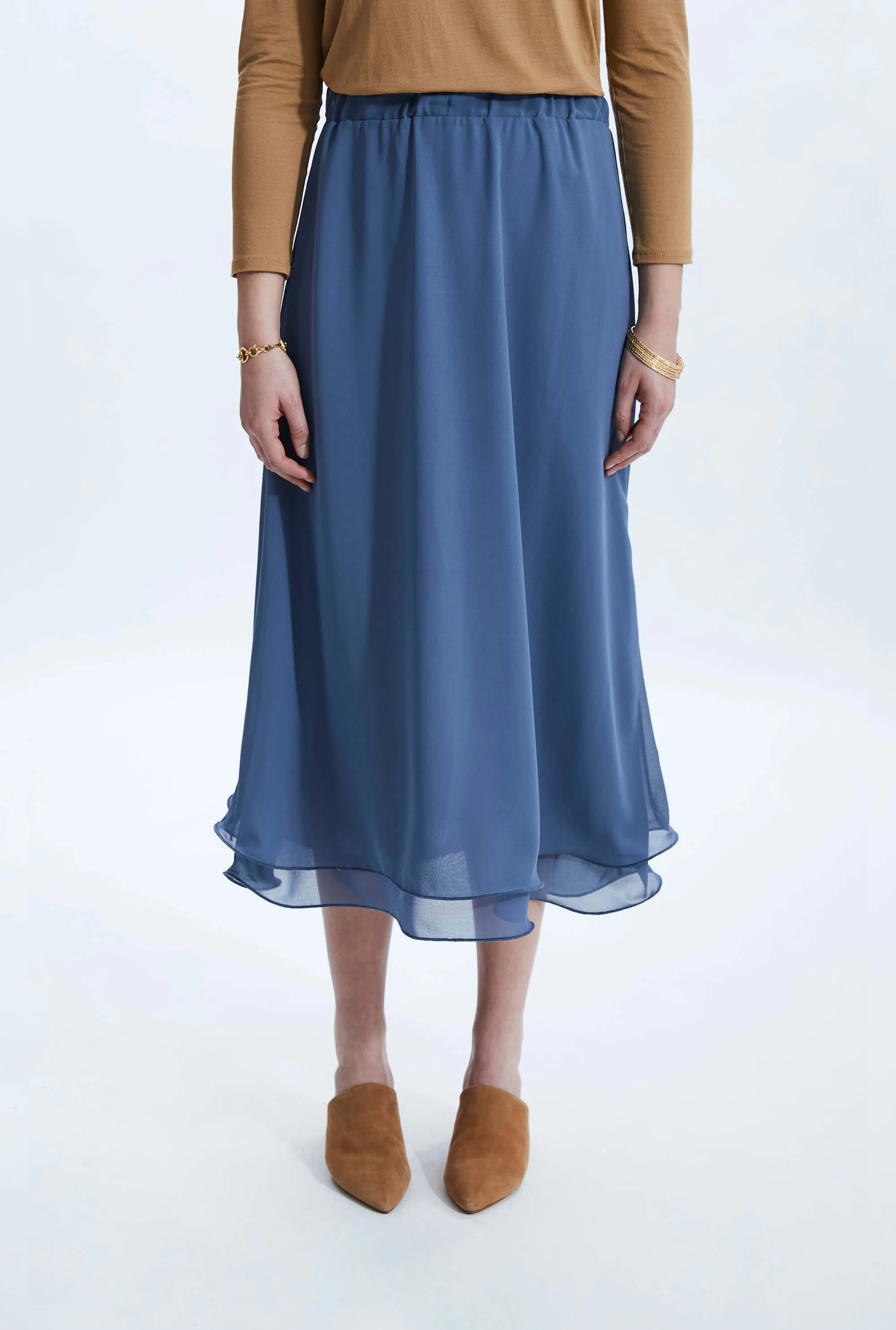 Wave Hem Tiered Skirt Denim