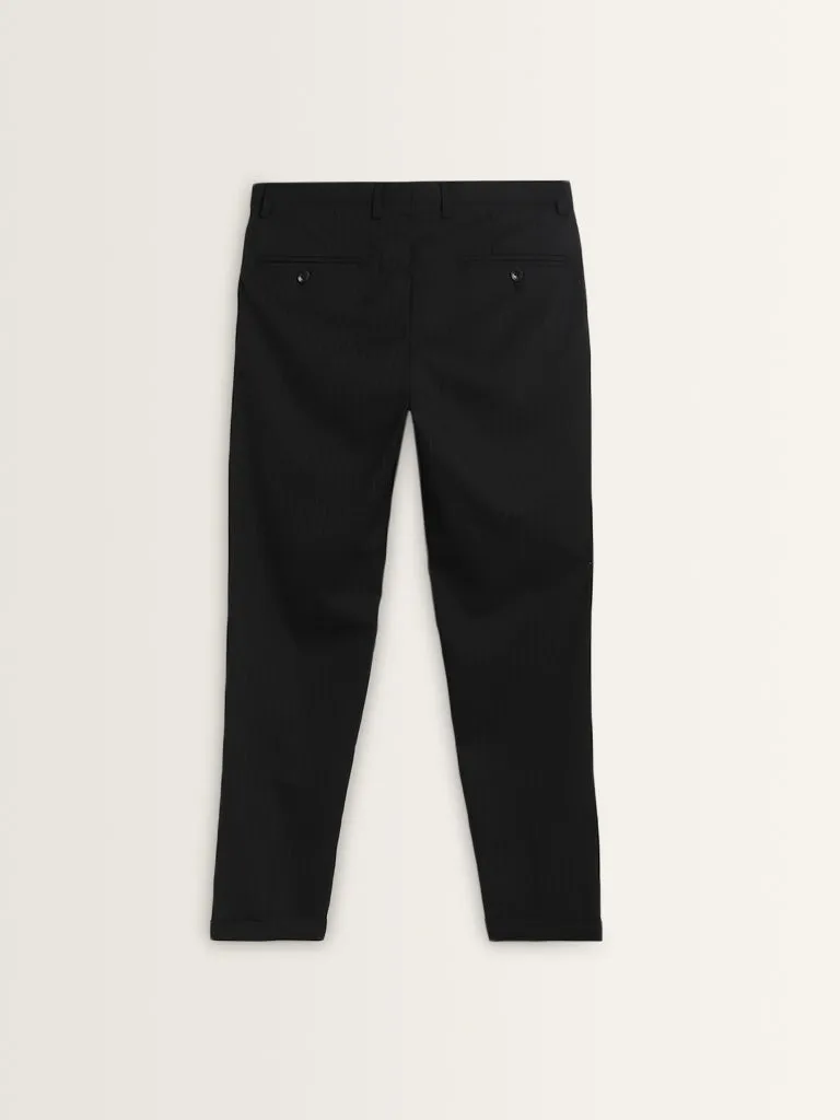 WES Formals Black Pinstriped Carrot-Fit Mid-Rise Trousers