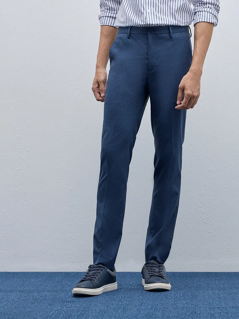 WES Formals Blue Ultra Slim-Fit Mid-Rise Trousers