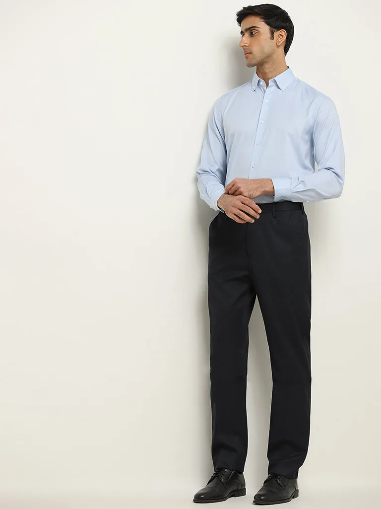 WES Formals Dark Navy Relaxed-Fit Cotton Blend Trousers