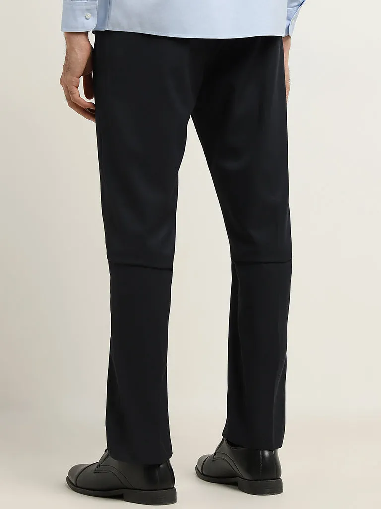 WES Formals Dark Navy Relaxed-Fit Cotton Blend Trousers