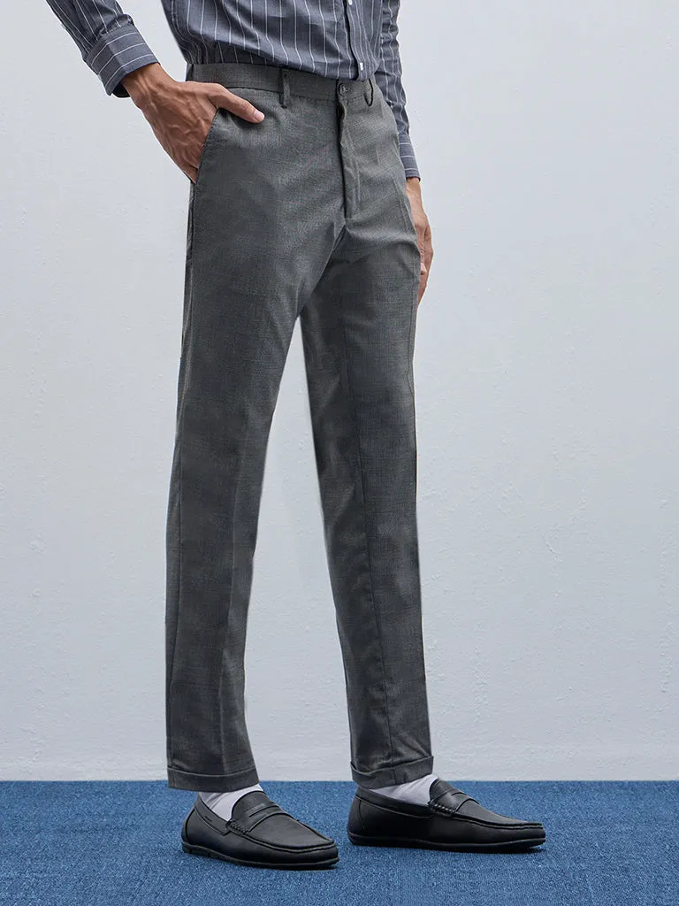 WES Formals Grey Checkered Mid-Rise Carrot-Fit Trousers