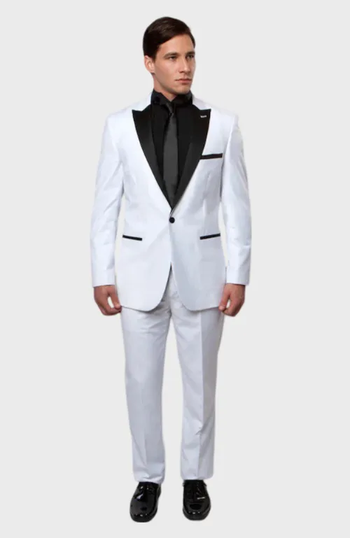 White 1 Button Black Peak Lapel Tuxedo