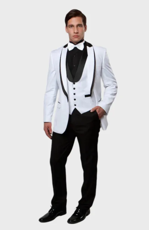 White 3 Piece Vested Shawl Lapel Tuxedo