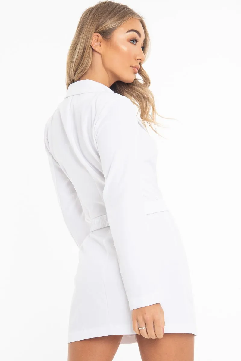 White Double Breasted Button Front Belted Blazer - Enya