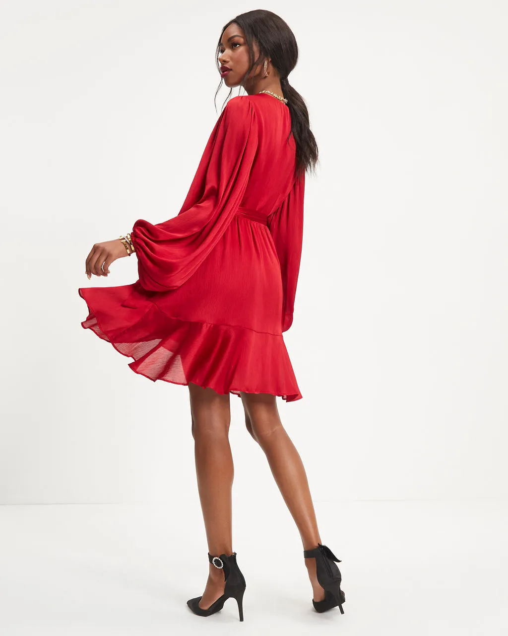 Whitney Satin Wrap Ruffle Mini Dress