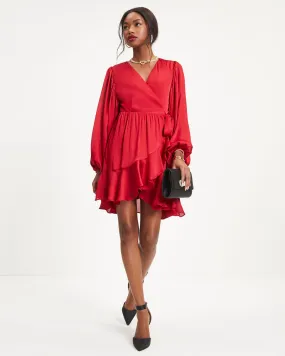 Whitney Satin Wrap Ruffle Mini Dress