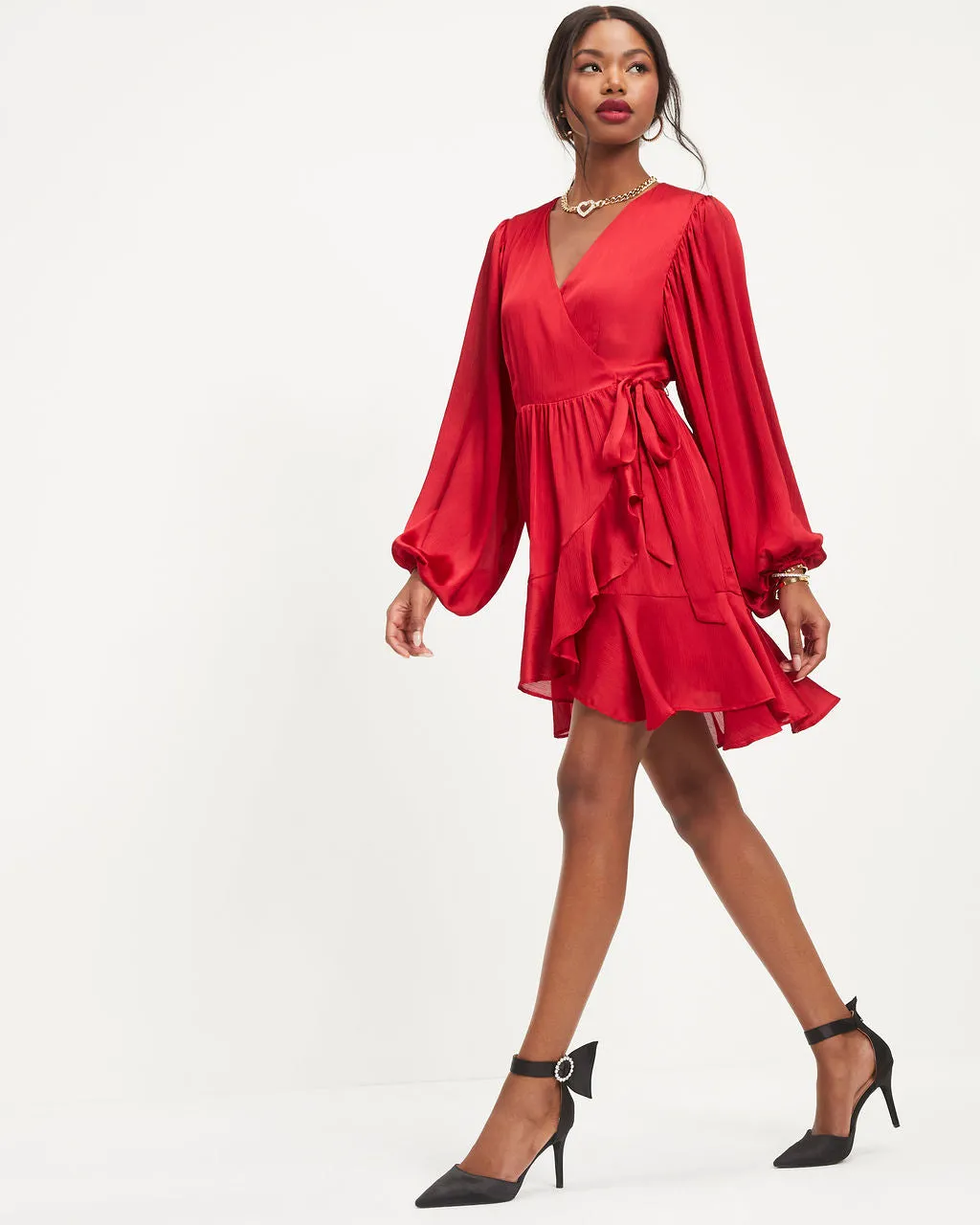 Whitney Satin Wrap Ruffle Mini Dress