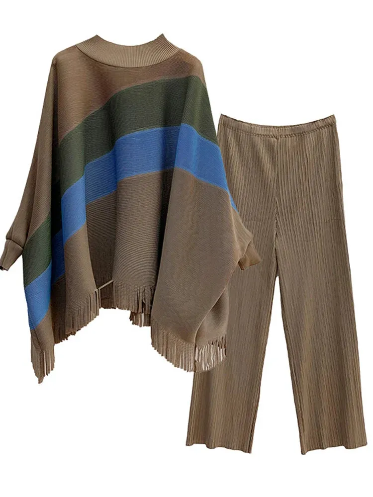 Women's 2 Piece Pleated Cape Sweater and Pants Set