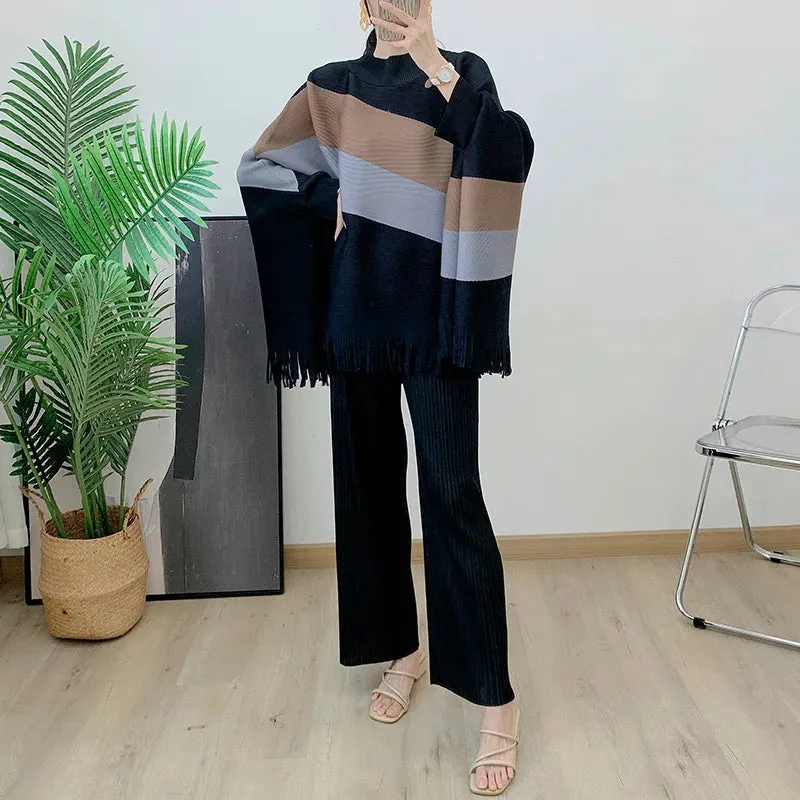 Women's 2 Piece Pleated Cape Sweater and Pants Set